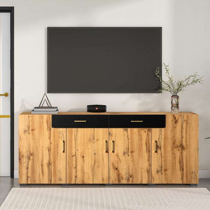 Grand Buffet de Rangement Rustique Moderne en Bois Marron avec 2 Tiroirs, 4 Portes et Pieds en Bois Massif (208x39.5x80cm) HERNON
