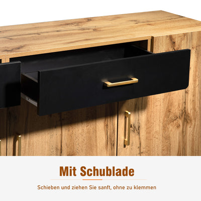 Grand Buffet de Rangement Rustique Moderne en Bois Marron avec 2 Tiroirs, 4 Portes et Pieds en Bois Massif (208x39.5x80cm) HERNON