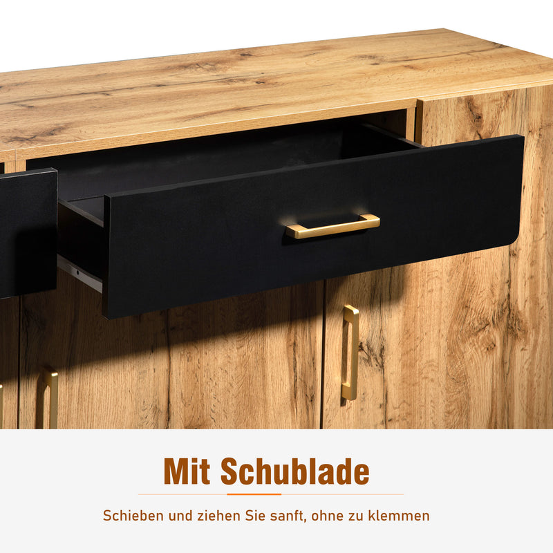 Grand Buffet de Rangement Rustique Moderne en Bois Marron avec 2 Tiroirs, 4 Portes et Pieds en Bois Massif (208x39.5x80cm) HERNON
