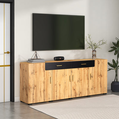 Grand Buffet de Rangement Rustique Moderne en Bois Marron avec 2 Tiroirs, 4 Portes et Pieds en Bois Massif (208x39.5x80cm) HERNON