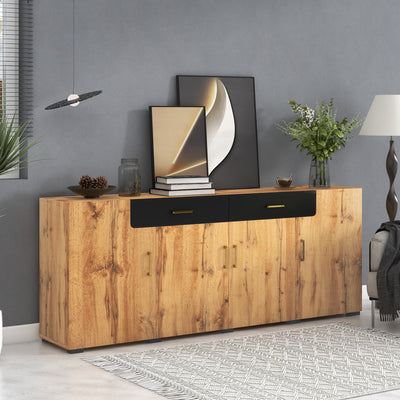 Grand Buffet de Rangement Rustique Moderne en Bois Marron avec 2 Tiroirs, 4 Portes et Pieds en Bois Massif (208x39.5x80cm) HERNON
