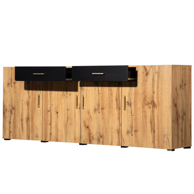 Grand Buffet de Rangement Rustique Moderne en Bois Marron avec 2 Tiroirs, 4 Portes et Pieds en Bois Massif (208x39.5x80cm) HERNON