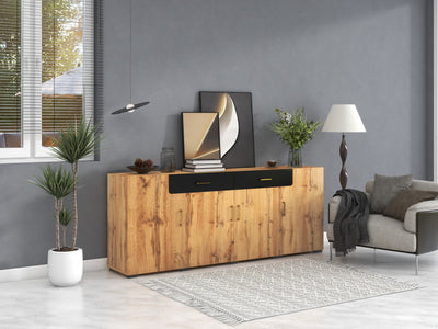 Grand Buffet de Rangement Rustique Moderne en Bois Marron avec 2 Tiroirs, 4 Portes et Pieds en Bois Massif (208x39.5x80cm) HERNON