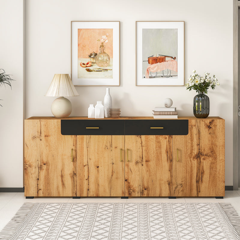 Grand Buffet de Rangement Rustique Moderne en Bois Marron avec 2 Tiroirs, 4 Portes et Pieds en Bois Massif (208x39.5x80cm) HERNON