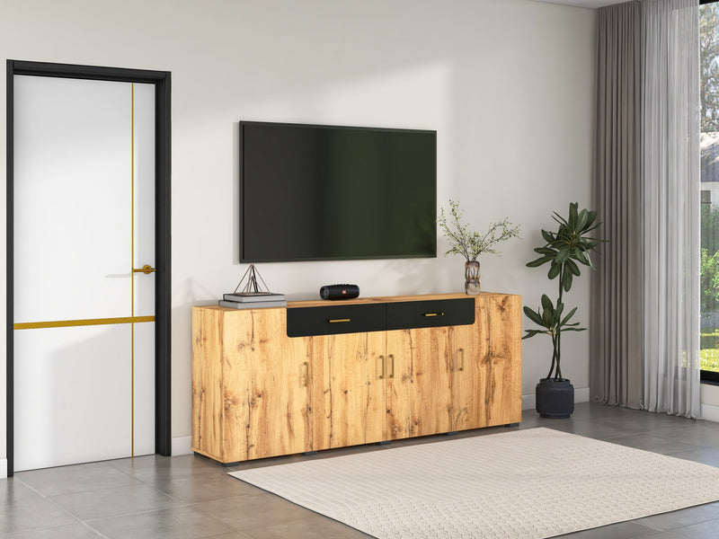 Grand Buffet de Rangement Rustique Moderne en Bois Marron avec 2 Tiroirs, 4 Portes et Pieds en Bois Massif (208x39.5x80cm) HERNON