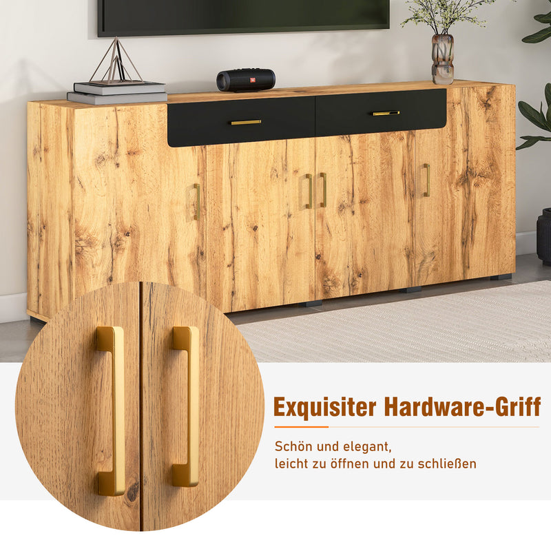 Grand Buffet de Rangement Rustique Moderne en Bois Marron avec 2 Tiroirs, 4 Portes et Pieds en Bois Massif (208x39.5x80cm) HERNON