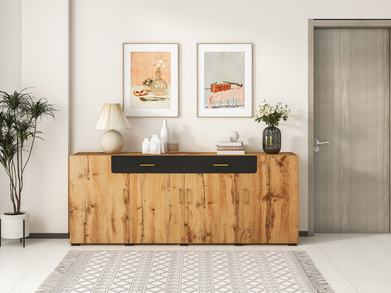 Grand Buffet de Rangement Rustique Moderne en Bois Marron avec 2 Tiroirs, 4 Portes et Pieds en Bois Massif (208x39.5x80cm) HERNON