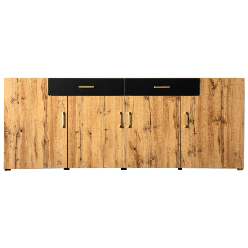 Grand Buffet de Rangement Rustique Moderne en Bois Marron avec 2 Tiroirs, 4 Portes et Pieds en Bois Massif (208x39.5x80cm) HERNON