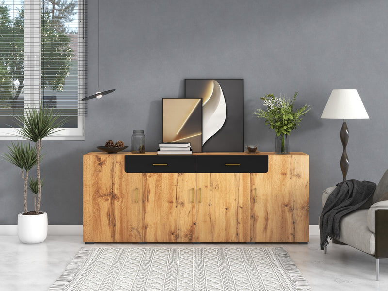 Grand Buffet de Rangement Rustique Moderne en Bois Marron avec 2 Tiroirs, 4 Portes et Pieds en Bois Massif (208x39.5x80cm) HERNON