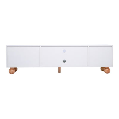 Meuble TV Moderne Blanc et Bois avec Portes en Rotin, Vitrines et Glissières en Verre, HIGILL