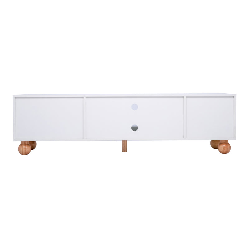 Meuble TV Moderne Blanc et Bois avec Portes en Rotin, Vitrines et Glissières en Verre, HIGILL