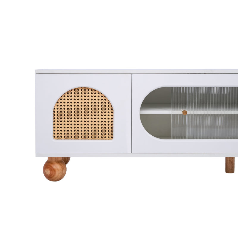 Meuble TV Moderne Blanc et Bois avec Portes en Rotin, Vitrines et Glissières en Verre, HIGILL