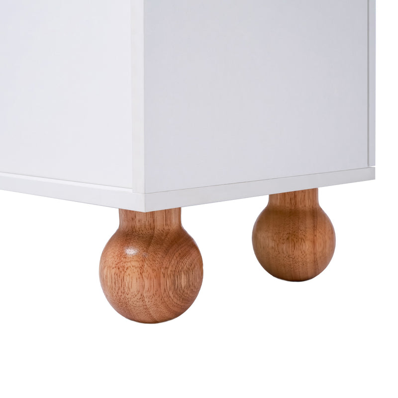 Meuble TV Moderne Blanc et Bois avec Portes en Rotin, Vitrines et Glissières en Verre, HIGILL