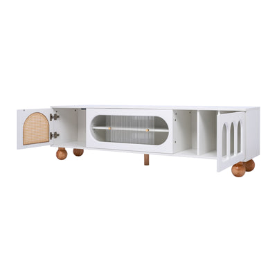 Meuble TV Moderne Blanc et Bois avec Portes en Rotin, Vitrines et Glissières en Verre, HIGILL