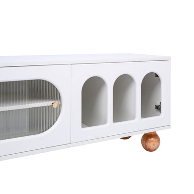 Meuble TV Moderne Blanc et Bois avec Portes en Rotin, Vitrines et Glissières en Verre, HIGILL