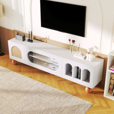 Meuble TV Moderne Blanc et Bois avec Portes en Rotin, Vitrines et Glissières en Verre, HIGILL