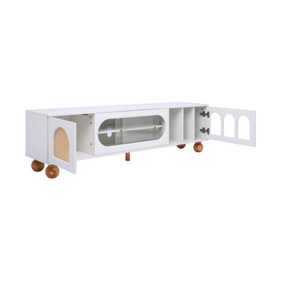 Meuble TV Moderne Blanc et Bois avec Portes en Rotin, Vitrines et Glissières en Verre, HIGILL