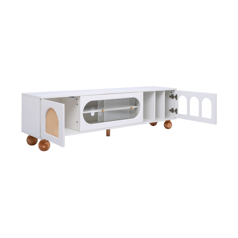 Meuble TV Moderne Blanc et Bois avec Portes en Rotin, Vitrines et Glissières en Verre, HIGILL