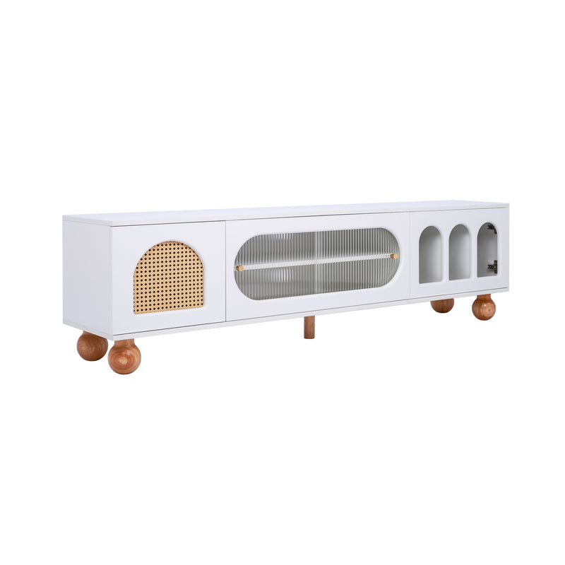 Meuble TV Moderne Blanc et Bois avec Portes en Rotin, Vitrines et Glissières en Verre, HIGILL