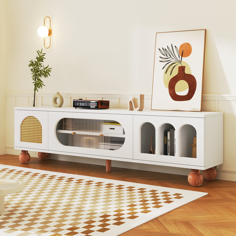 Meuble TV Moderne Blanc et Bois avec Portes en Rotin, Vitrines et Glissières en Verre, HIGILL
