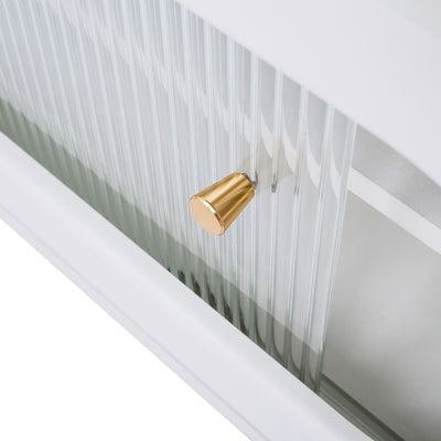 Meuble TV Moderne Blanc et Bois avec Portes en Rotin, Vitrines et Glissières en Verre, HIGILL