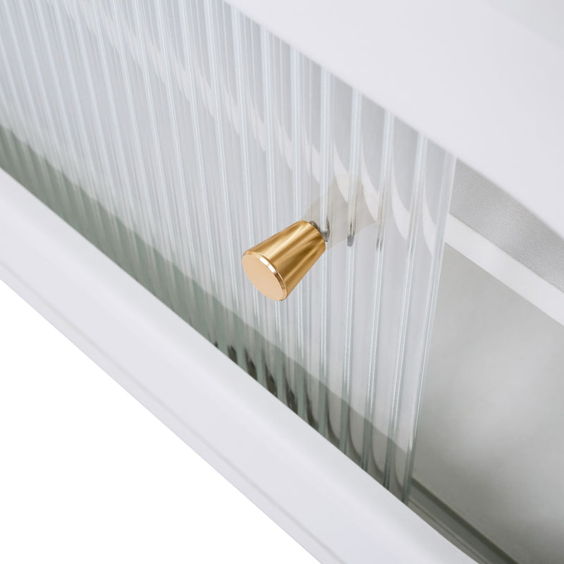 Meuble TV Moderne Blanc et Bois avec Portes en Rotin, Vitrines et Glissières en Verre, HIGILL