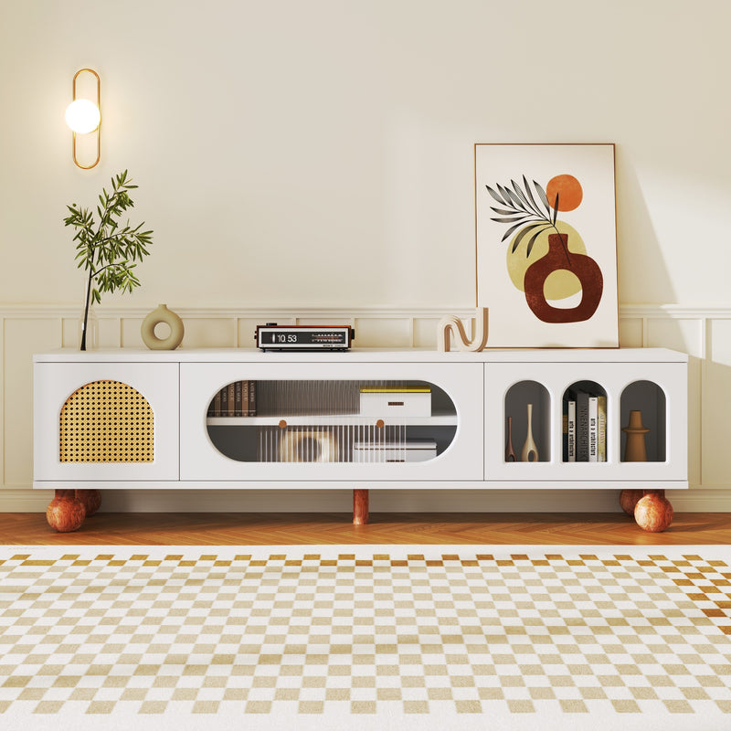 Meuble TV Moderne Blanc et Bois avec Portes en Rotin, Vitrines et Glissières en Verre, HIGILL