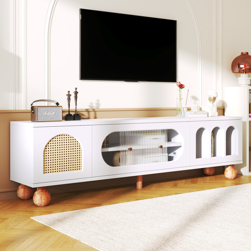 Meuble TV Moderne Blanc et Bois avec Portes en Rotin, Vitrines et Glissières en Verre, HIGILL