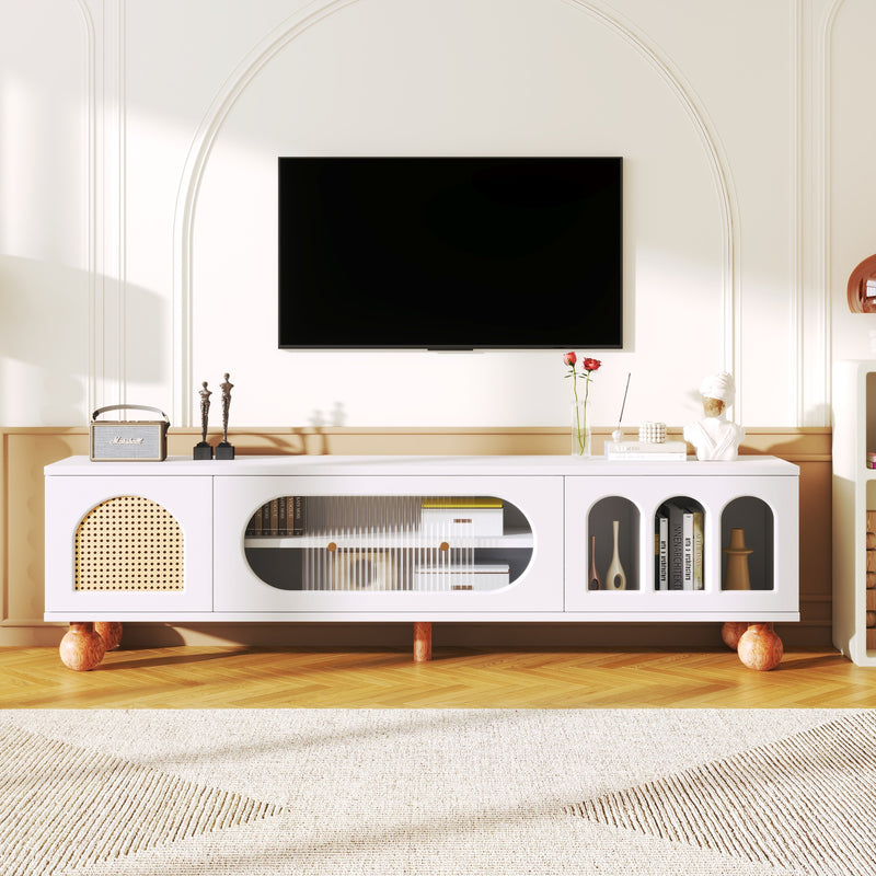Meuble TV Moderne Blanc et Bois avec Portes en Rotin, Vitrines et Glissières en Verre, HIGILL