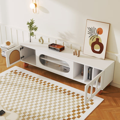 Meuble TV Moderne Blanc et Bois avec Portes en Rotin, Vitrines et Glissières en Verre, HIGILL