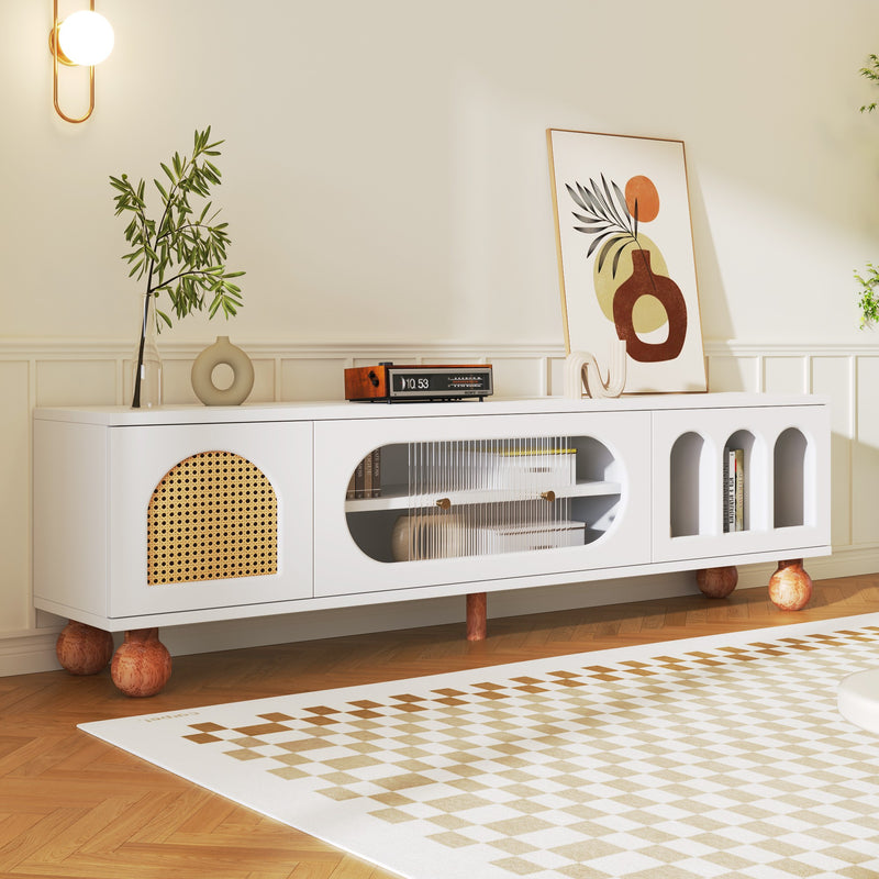 Meuble TV Moderne Blanc et Bois avec Portes en Rotin, Vitrines et Glissières en Verre, HIGILL