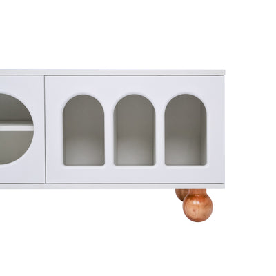 Meuble TV Moderne Blanc et Bois avec Portes en Rotin, Vitrines et Glissières en Verre, HIGILL