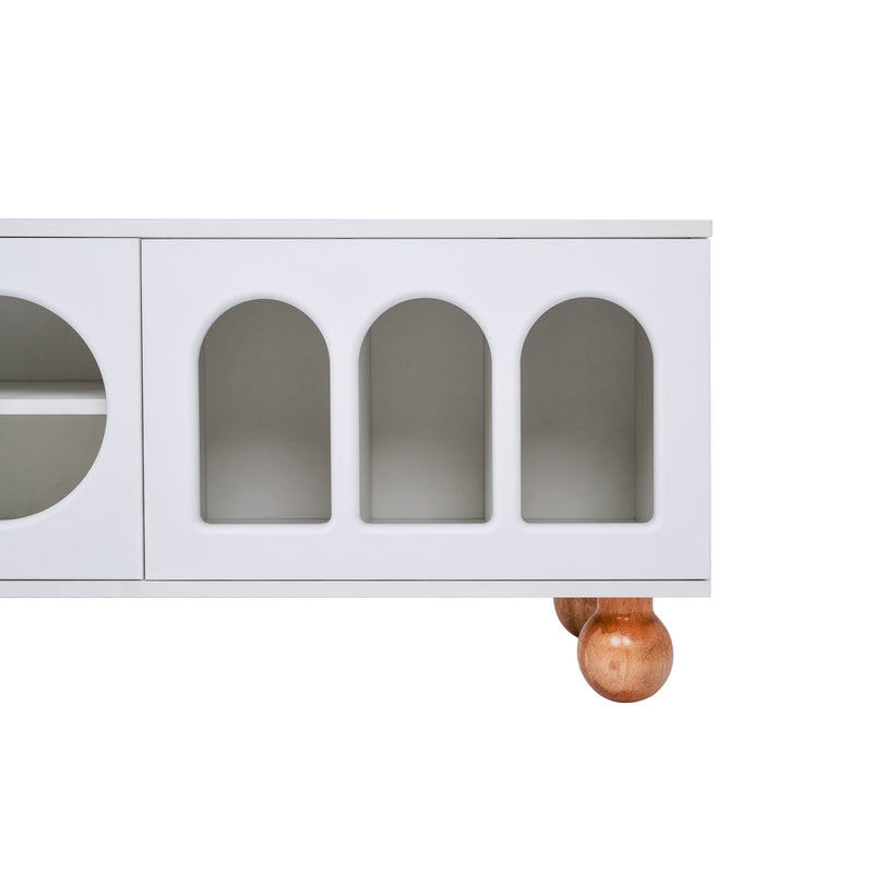 Meuble TV Moderne Blanc et Bois avec Portes en Rotin, Vitrines et Glissières en Verre, HIGILL