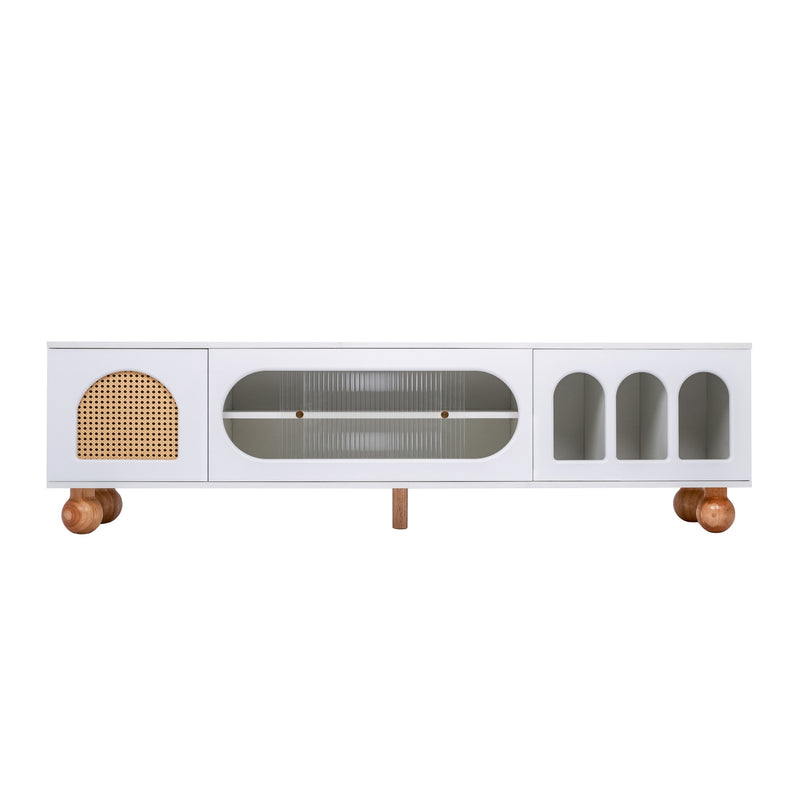 Meuble TV Moderne Blanc et Bois avec Portes en Rotin, Vitrines et Glissières en Verre, HIGILL