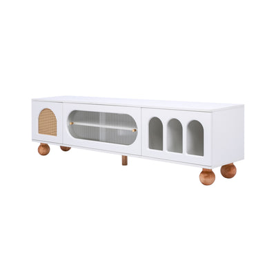Meuble TV Moderne Blanc et Bois avec Portes en Rotin, Vitrines et Glissières en Verre, HIGILL