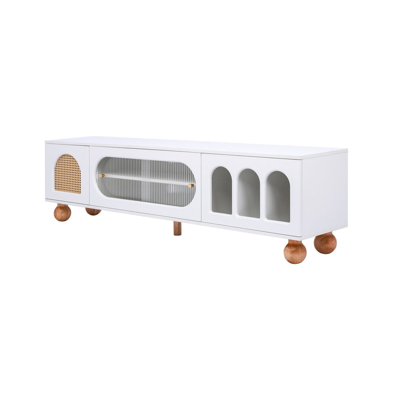 Meuble TV Moderne Blanc et Bois avec Portes en Rotin, Vitrines et Glissières en Verre, HIGILL