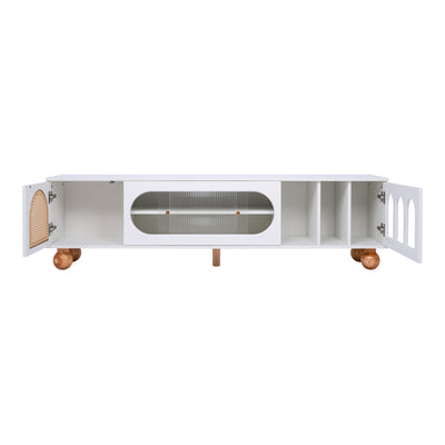 Meuble TV Moderne Blanc et Bois avec Portes en Rotin, Vitrines et Glissières en Verre, HIGILL