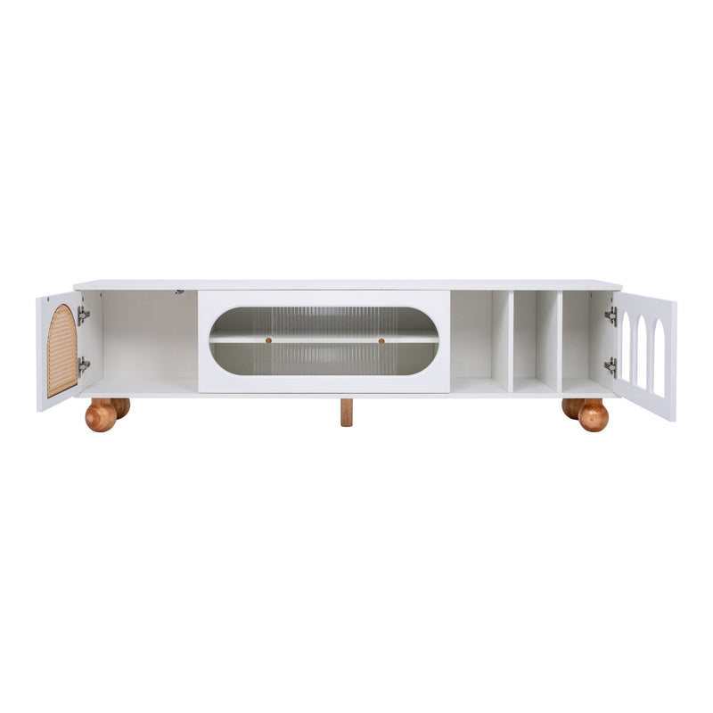 Meuble TV Moderne Blanc et Bois avec Portes en Rotin, Vitrines et Glissières en Verre, HIGILL