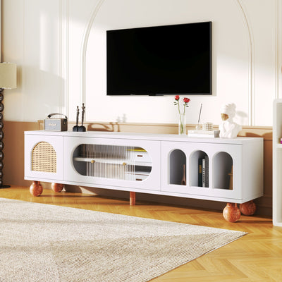 Meuble TV Moderne Blanc et Bois avec Portes en Rotin, Vitrines et Glissières en Verre, HIGILL