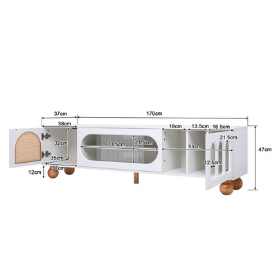 Meuble TV Moderne Blanc et Bois avec Portes en Rotin, Vitrines et Glissières en Verre, HIGILL
