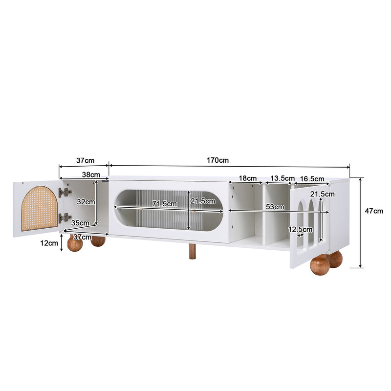 Meuble TV Moderne Blanc et Bois avec Portes en Rotin, Vitrines et Glissières en Verre, HIGILL