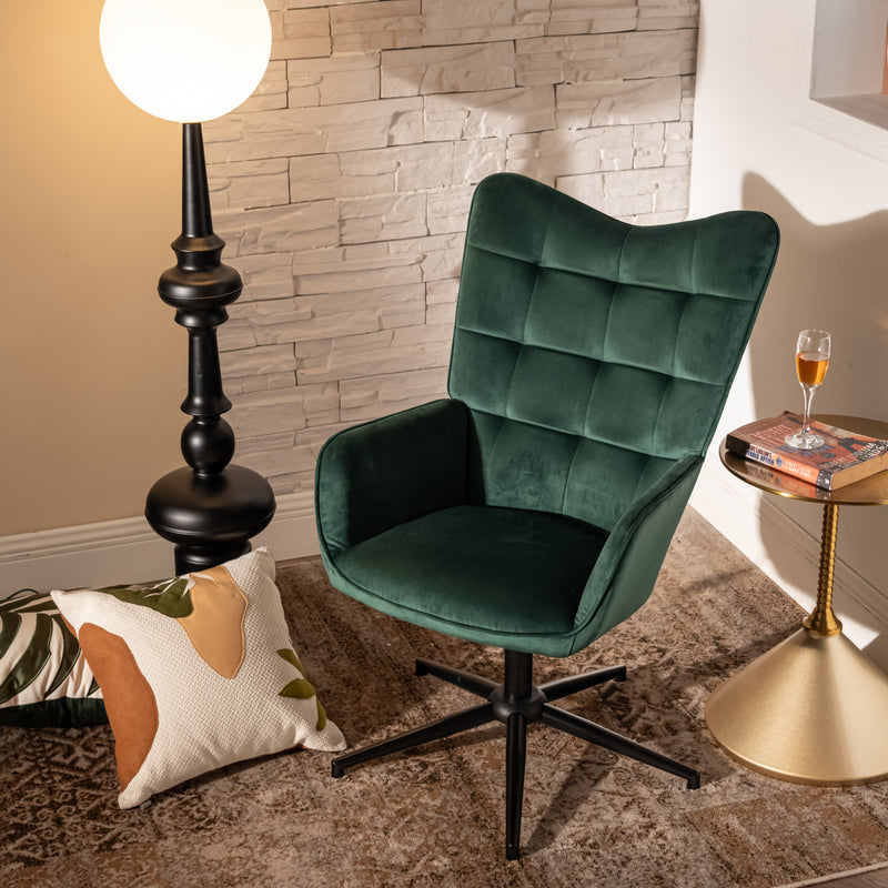 Scandinavian office chair with armrests, 360°, in green velvet IRIS SMALL VELVET GREEN