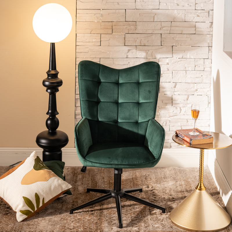 Scandinavian office chair with armrests, 360°, in green velvet IRIS SMALL VELVET GREEN