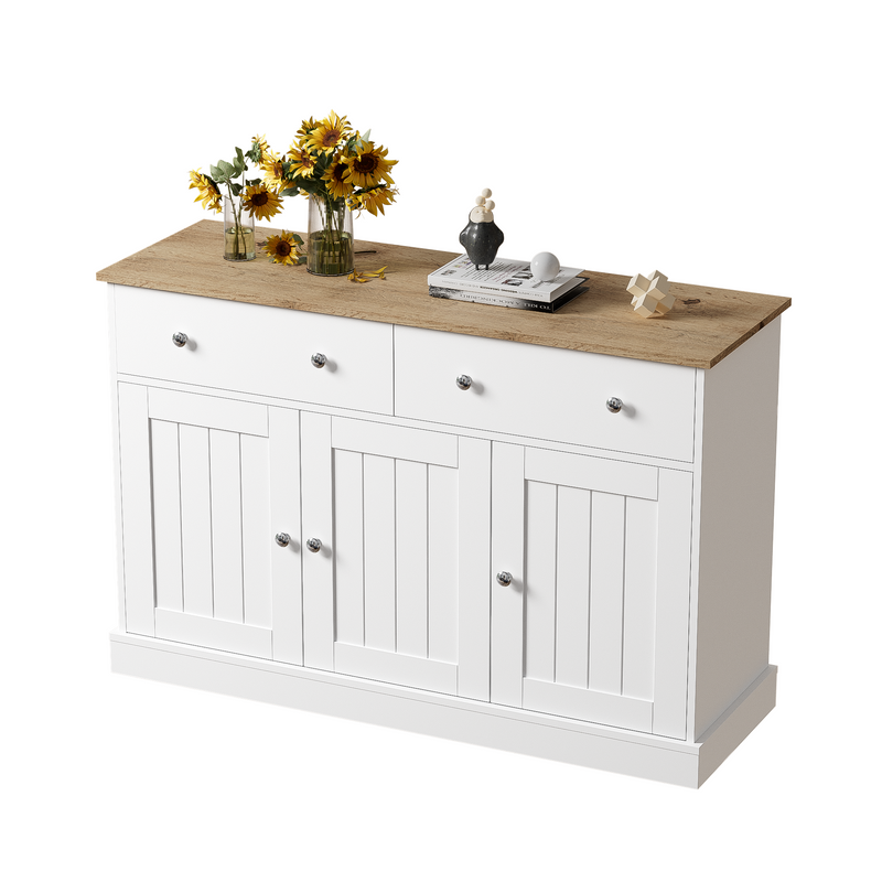Buffet Moderne Noir et Bois avec Portes Coulissantes Rainurées et Tiroirs de Rangement IKTEK