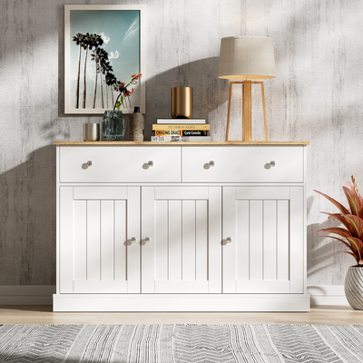 Buffet Moderne Noir et Bois avec Portes Coulissantes Rainurées et Tiroirs de Rangement IKTEK
