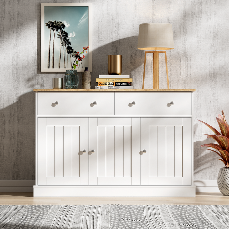 Buffet Moderne Noir et Bois avec Portes Coulissantes Rainurées et Tiroirs de Rangement IKTEK