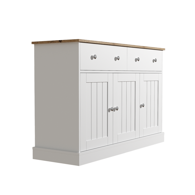 Buffet Moderne Noir et Bois avec Portes Coulissantes Rainurées et Tiroirs de Rangement IKTEK