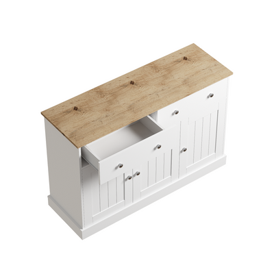 Buffet Moderne Noir et Bois avec Portes Coulissantes Rainurées et Tiroirs de Rangement IKTEK