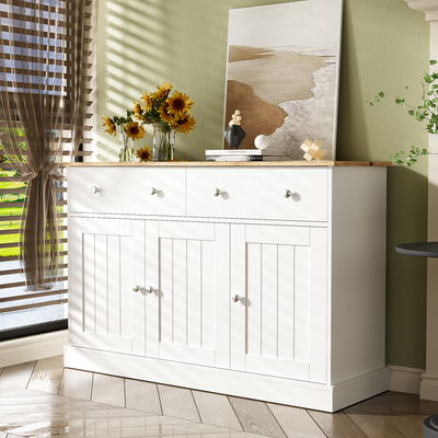 Buffet Moderne Noir et Bois avec Portes Coulissantes Rainurées et Tiroirs de Rangement IKTEK