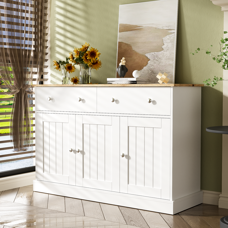 Buffet Moderne Noir et Bois avec Portes Coulissantes Rainurées et Tiroirs de Rangement IKTEK